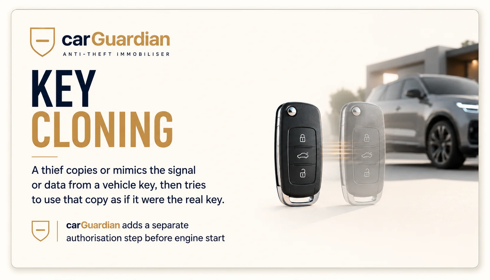 Key cloning infographic — the key's identity is copied and the factory immobiliser accepts the clone