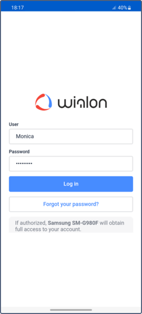 Wialon Mobile app sign-in screen — your private dashboard, your credentials, on Android or iOS